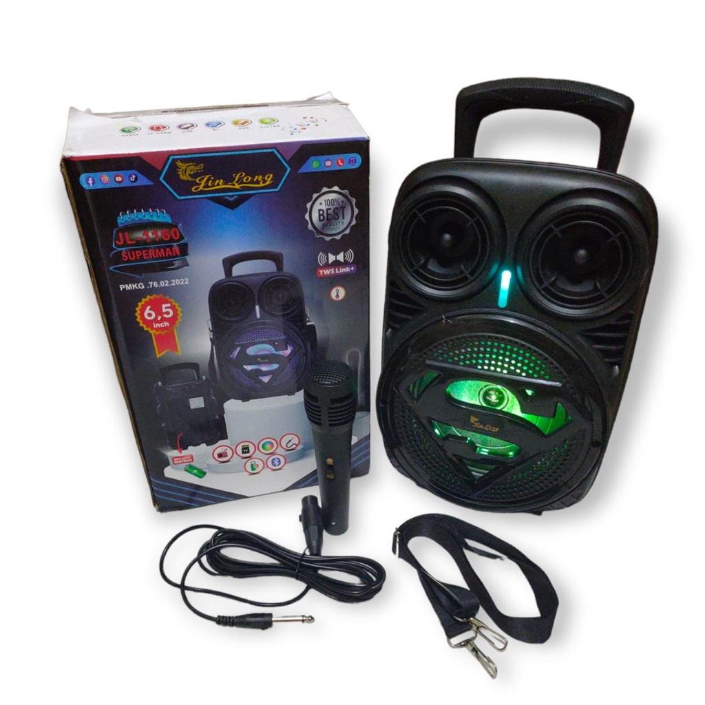 PROMO SPEAKER BLUETOOTH KARAOKE JINLONG JL1160  6.5&quot; SERI SUPERMAN BONUS MIC DAN TALI GANTUNGAN TERBARU