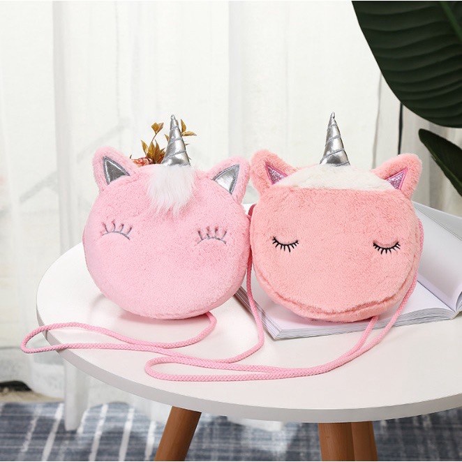 tas selempang kepala unicorn bulu bulat