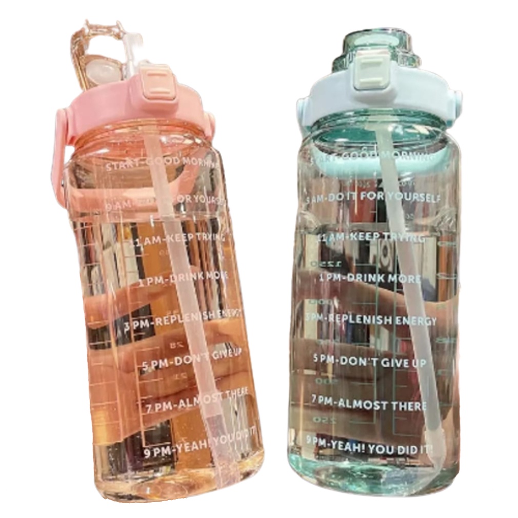 Botol Air Minum Motivasi Penanda Waktu Transparan Bening 2 Liter-Water Drink Motivation Viral+Sticker 2D&amp;3D-Botol Minum Motivasi Penanda Waktu Viral Ukuran 2 Liter Bening Transparan