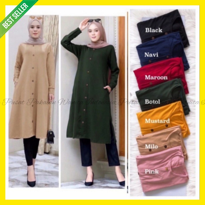 Tunik Lebaran A11 TUNIK KAOS WANITA MUSLIM DRESS LENGAN PANJANG CASUAL TERBARU MURAH - Hitam Elegan 