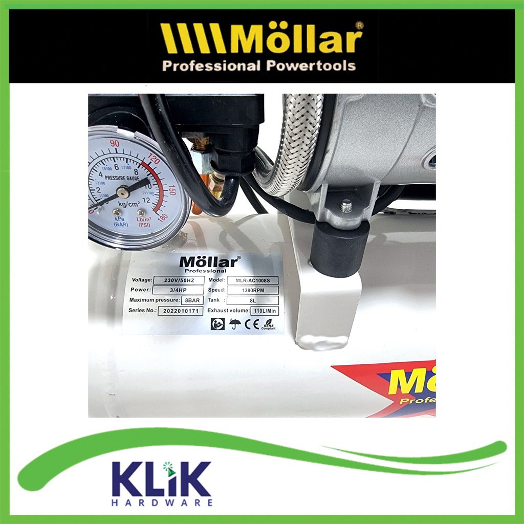 Mollar Kompresor Oil Less Silent 3/4 HP 8 Liter Oilless 550 Watt AC-1088S