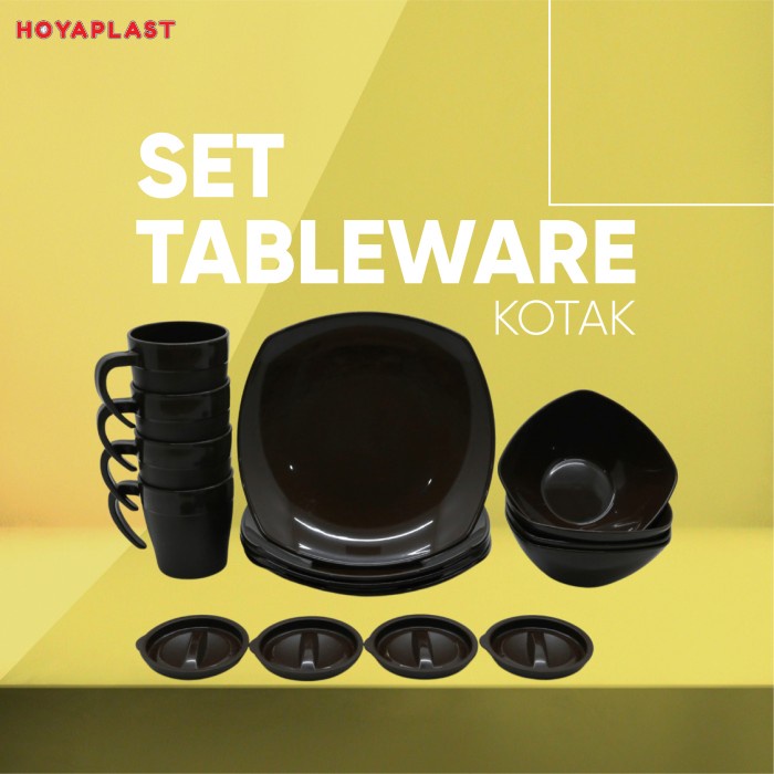 Hoyaplast Set Tableware Kotak (4 piring + 4 mangkok + 4 mug) - Coklat