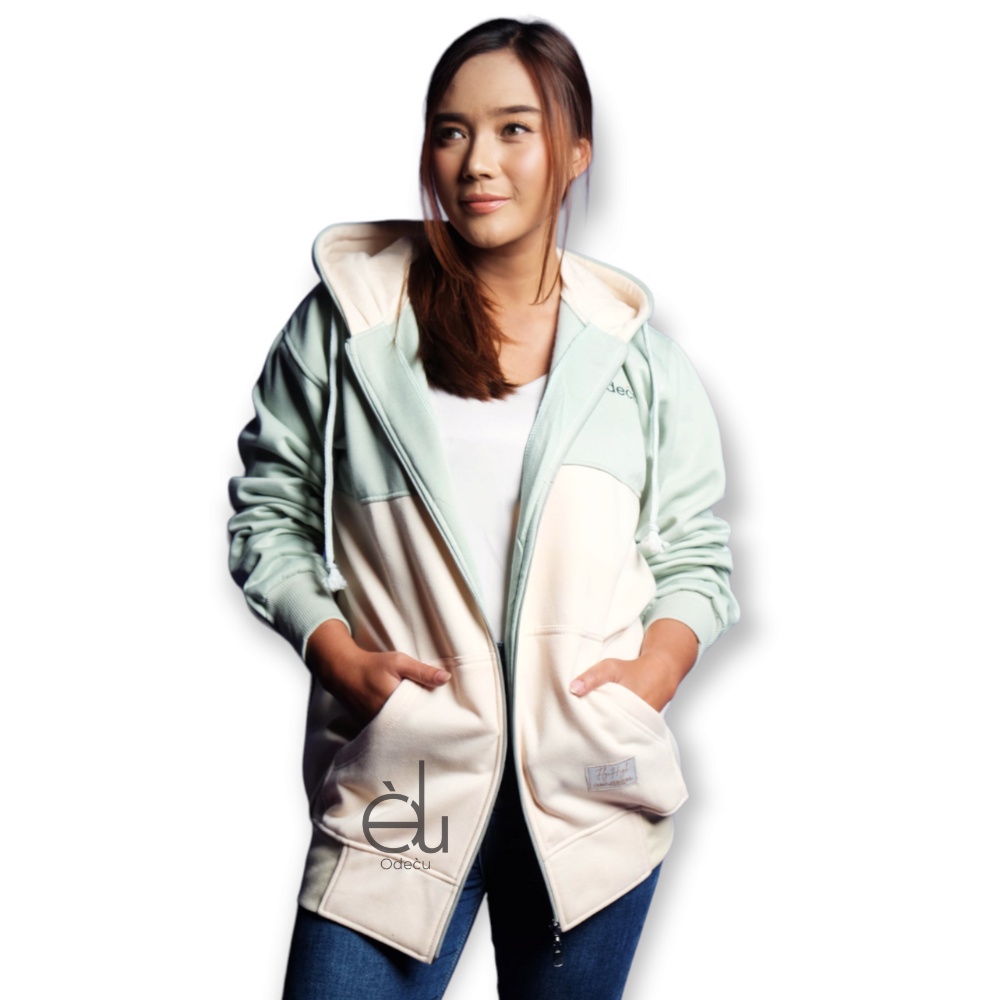 ODECU PREMIUM HOODIE ZIPPER TWO COLOR MINT VANILLA SWEATER WANITA PRIA