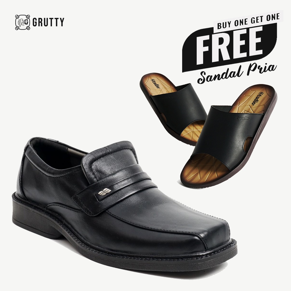 Sepatu Pria Formal Pantofel Kerja Tanpa Tali Kulit Asli Grutty DC011 Hitam