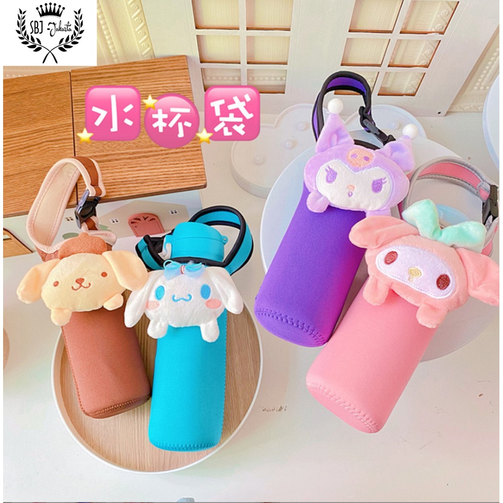 Sarung Botol / Tas Termos Botol Minum Elastis dengan Tali Strap Motif Kartun