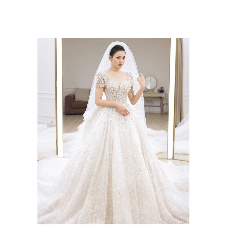 Putih sekin Diamond Gaun pengantin Lengan Panjang Ekor Panjang Women Bridal Dresses Wedding Ballgown