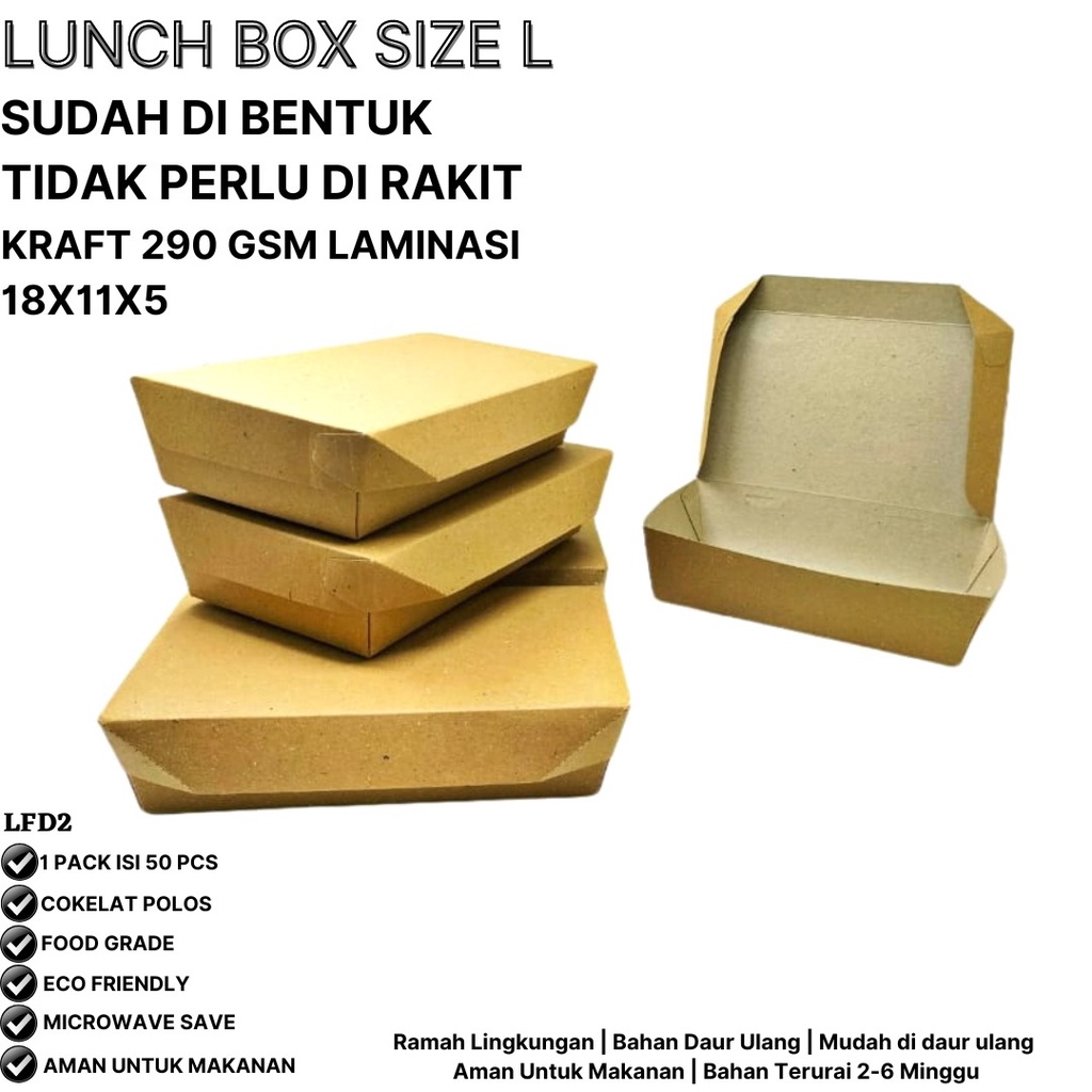 Lunch Box Large Sudah Terbentuk Tidak Perlu Dirakit (LFD2-18X10,5X5 Cm)