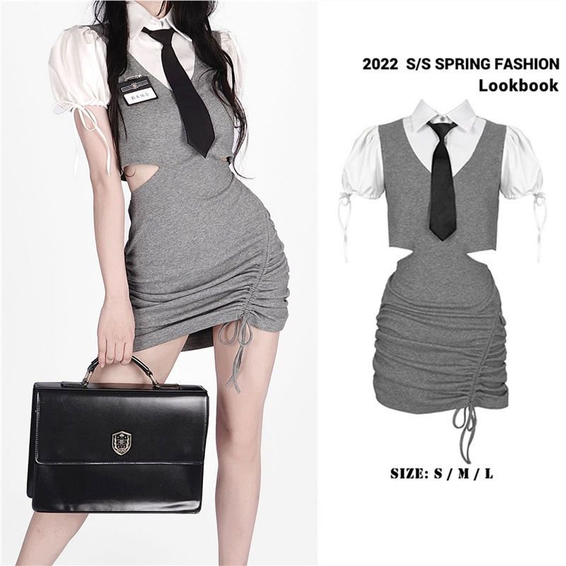 [✅BISA COD] #Sisjuly# Gaun penyambungan kemeja wanita palsu dua potong berongga lengan gelembung tan