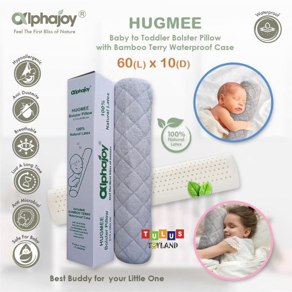 Guling bayi Anak Waterproof Alphajoy HUGMEE Baby Toddler Bolster 60 x 10 Natural Latex Pillow bantal peluk balita sarung Bamboo Terry anti ompol lembut