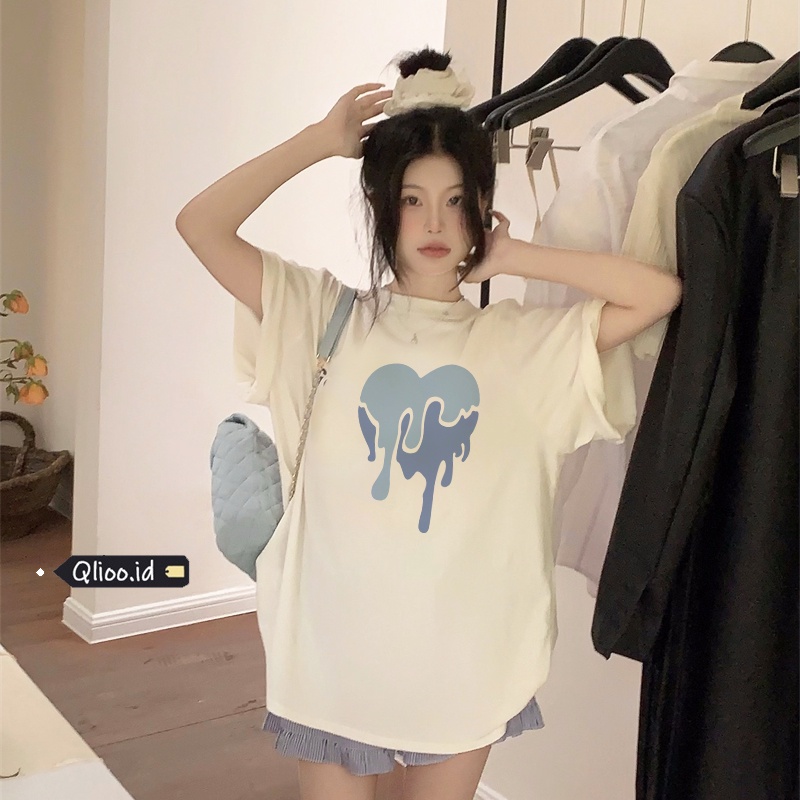 [3 Warna]Print T-shirt Kaos Lengan Pendek Blue Flow Heart Baju Wanita Oversize Korean Style