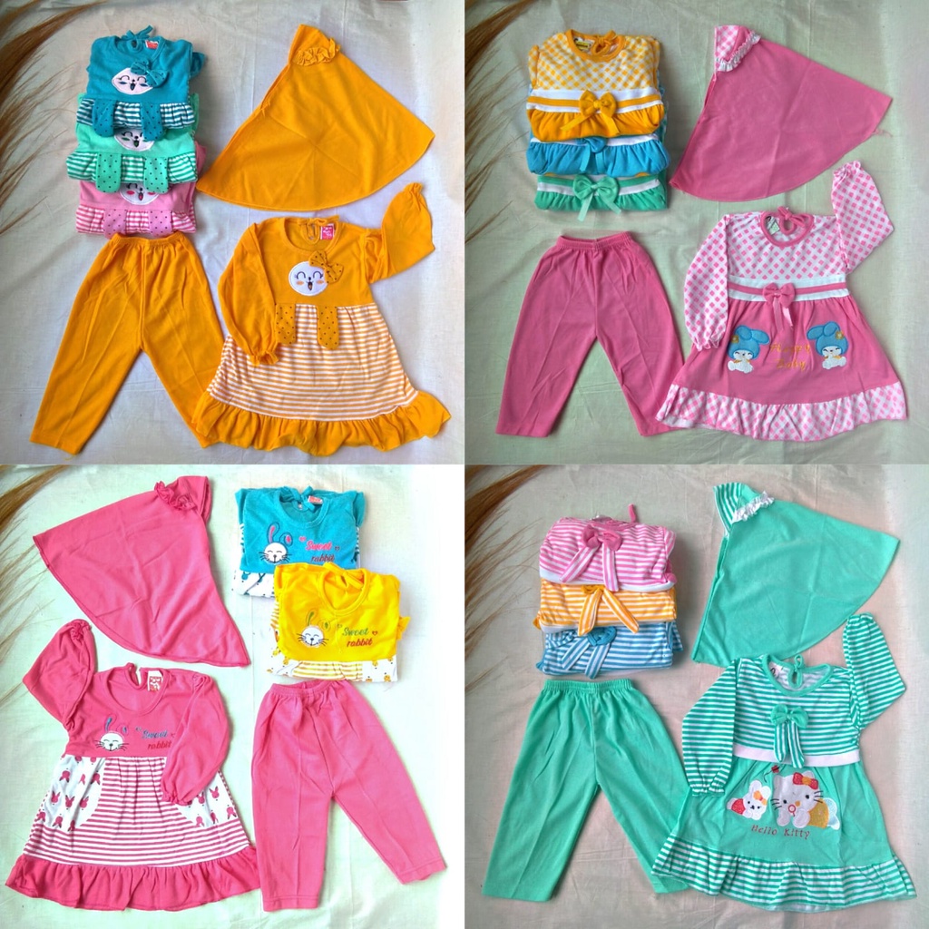 One Set Baju Anak Perempuan Muslim wanita Gamis Bayi  Lucu + Jilbab / Gaun Panjang Bayi / Baju Lebaran Bayi