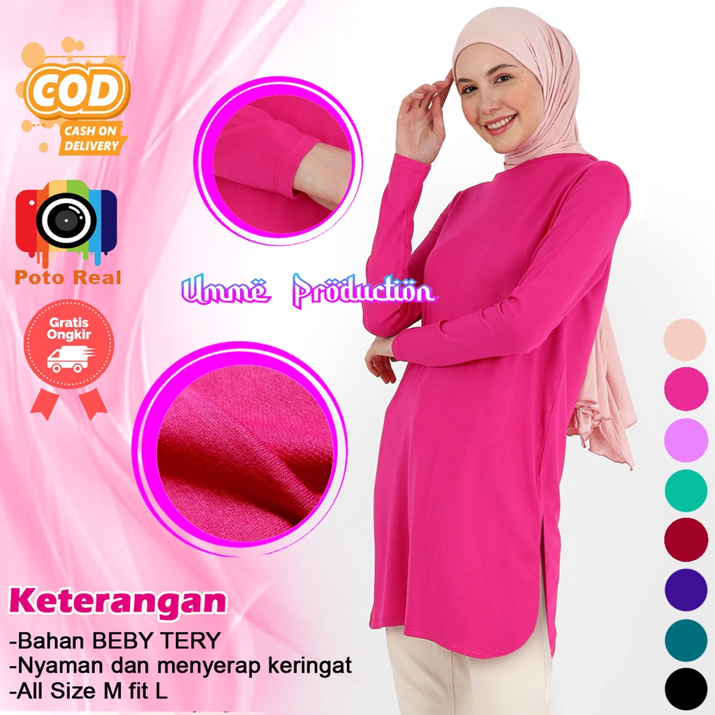 Tunik wanita muslim polos babyterry pink kaos tunic muslimah atasan fashion terbaru baju cewek pakai