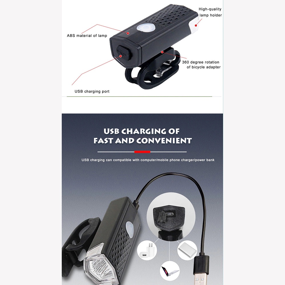 Paket lengkap lampu led usb depan sepeda 800 mAh 300 Lumens - Lampu belakang 500 mAh 15 Lumens- Aksesoris sepeda - Lampu Super Terang