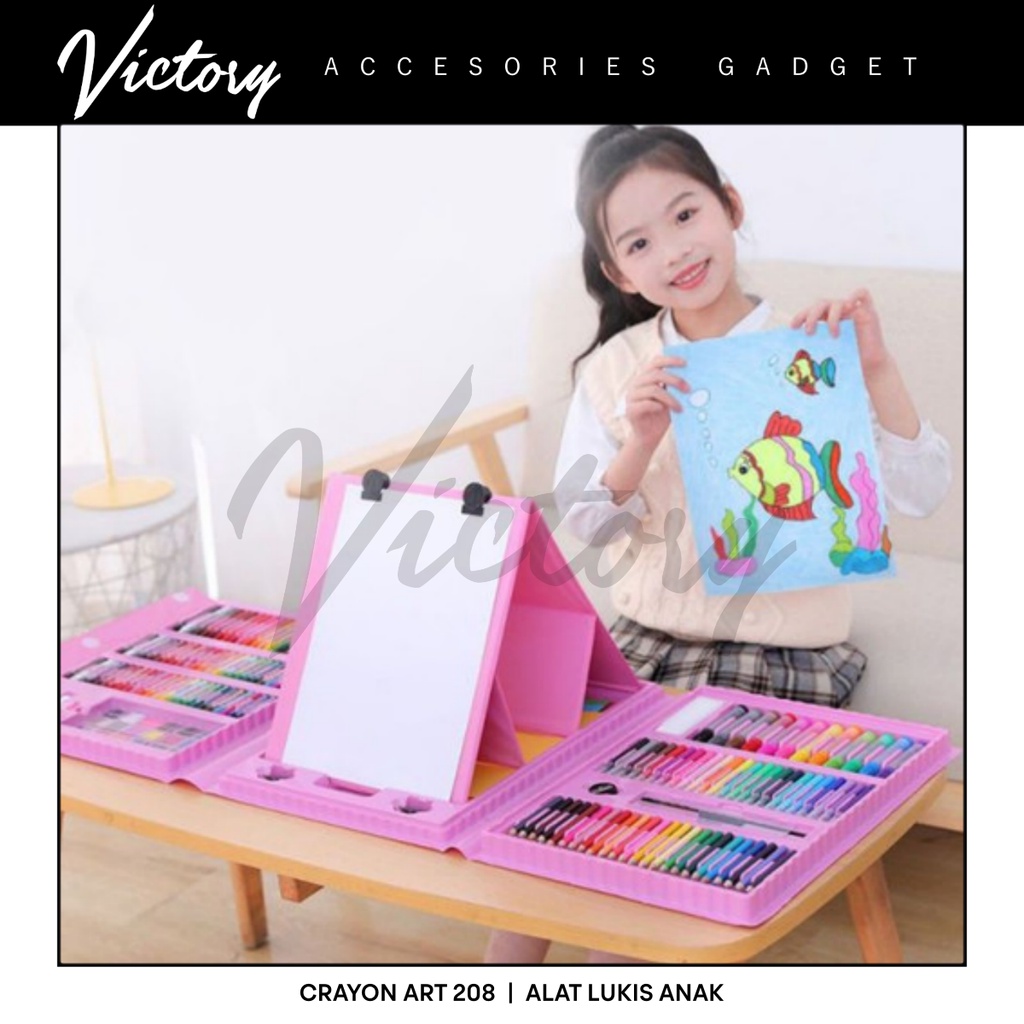 VICTORY Crayon Anak Pengasah 208pcs Set Alat Menggambar Melukis Anak-anak Crayon Cat Air Pensil