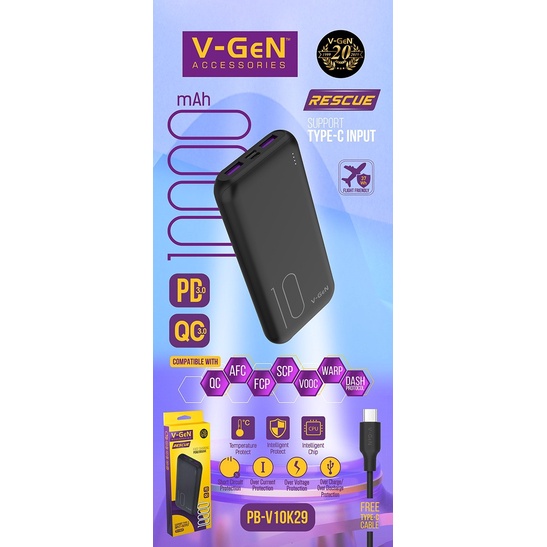 Powerbank V-GeN Rescue V10K29 10000mAh Type C Fast Charging QC PD VOOC