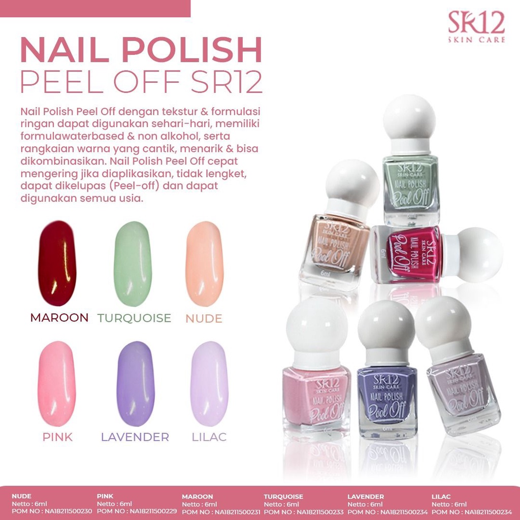 NAIL POLISH PEEL OFF SR12 / KUTEK HALAL KERING 2 MENIT / MUDAH DIKELUPAS WATER BASED / NON ALKOHOL