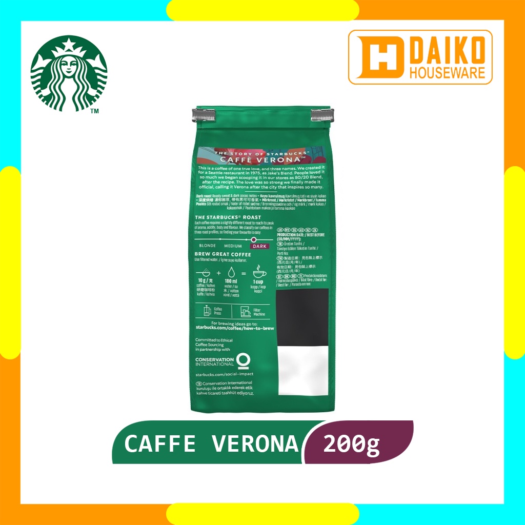 Kopi Bubuk Starbucks Caffe Verona Dark Roast Coffee Sachet Bag 200 gr