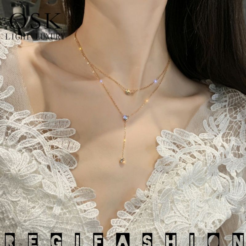 { Bayar Ditempat } Kalung Titanium Wanita Desaign 2 Layer Kalung Wanita Korea 2 Layer Permata Berkilau Kalung Titanium Wanita Anti Karat Tidak Luntur