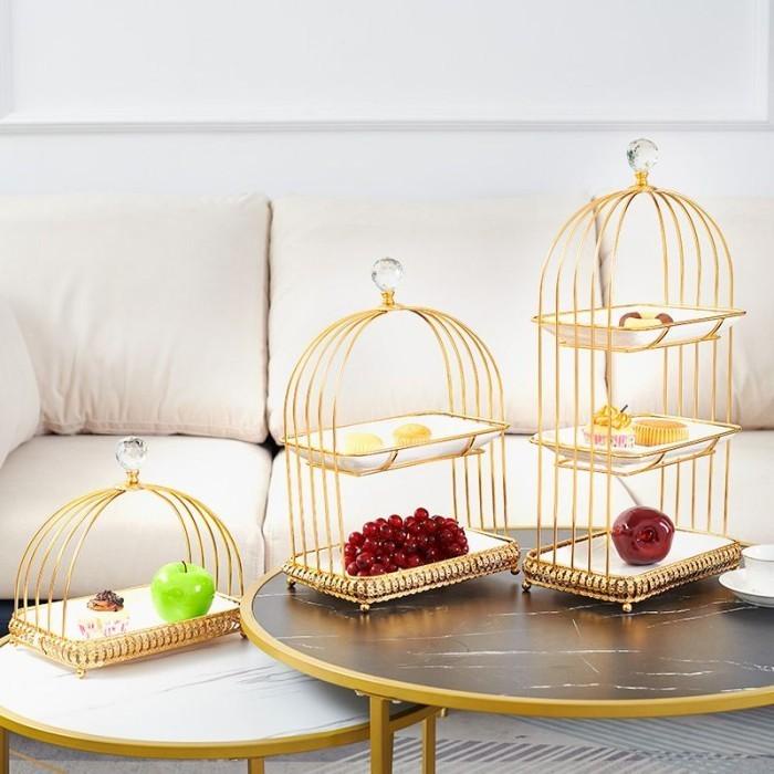 Best Seller Ceramic Stand Cake Plate Bird Cage Tempat Kue Gold/ Tray Buah 3Tingkat