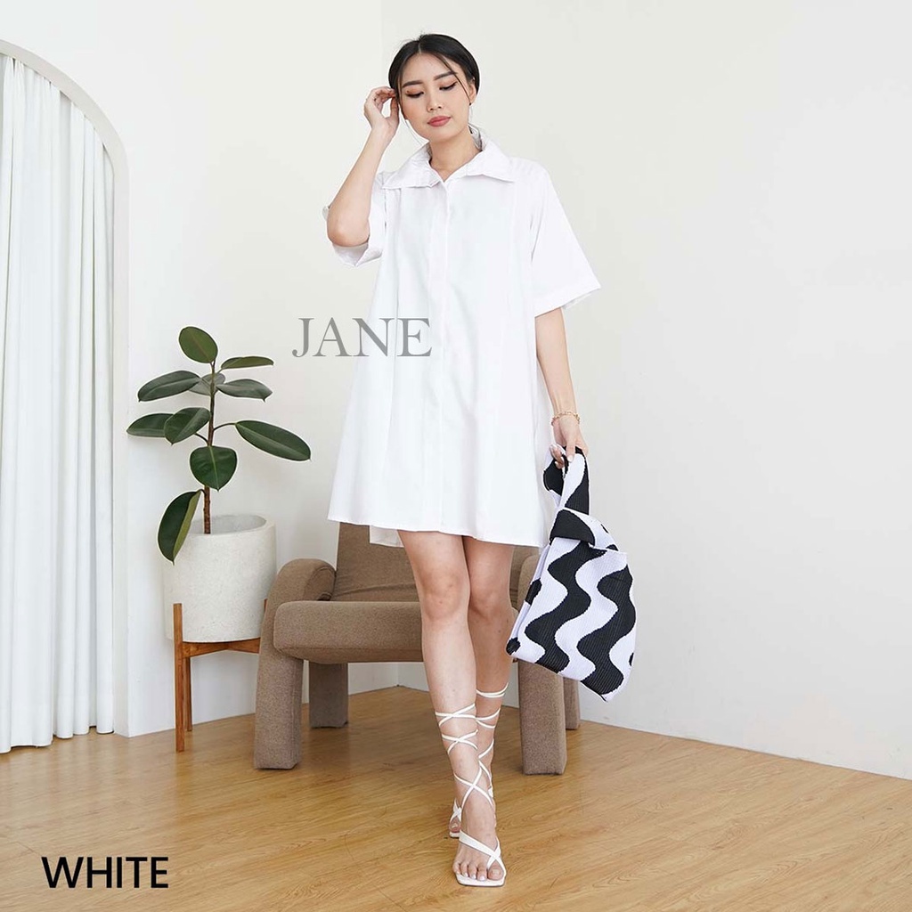 JANE COLLECTION || Dress Oversize Kancing Depan Kemeja Kantor Wanita Basic Cotton Casual Midi Ukuran Bigsize Jumbo Loose Dress Katun Milly