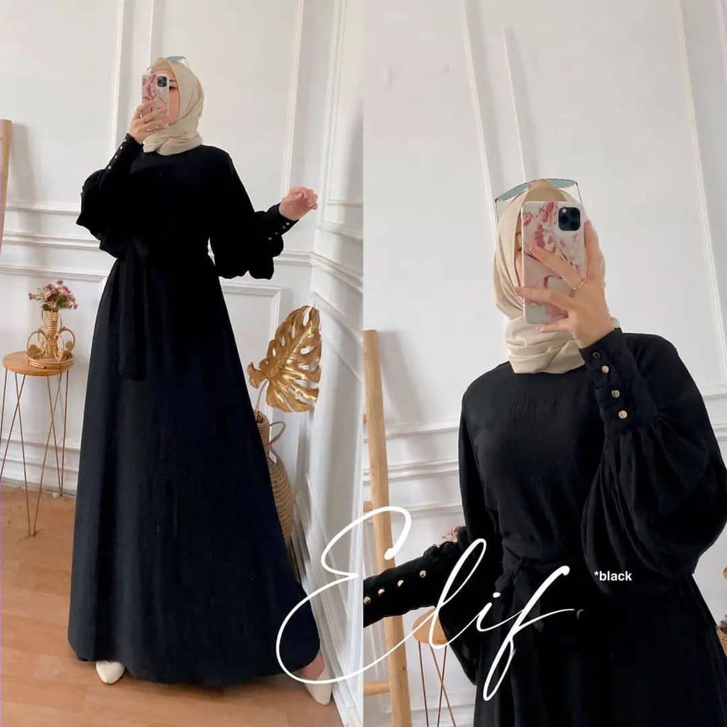 ELIF DRESS WANITA MUSLIM CRINKLE AIRFLOW || DRESS WANITA MUSLIM LENGAN BALON