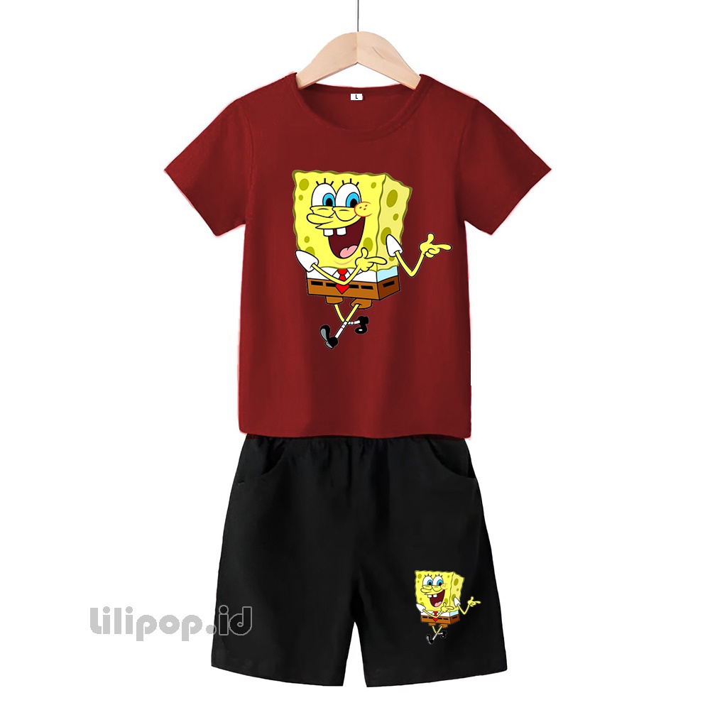 Baju Anak Stelan Kaos 3/4 Spongebob Cowok Cewek  Usia 1 - 4 Tahun Celana Pendek Harian