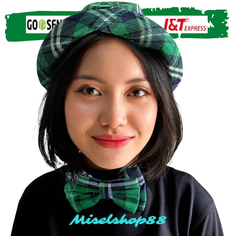 1 set topi dan dasi kupu kupu motif hijau