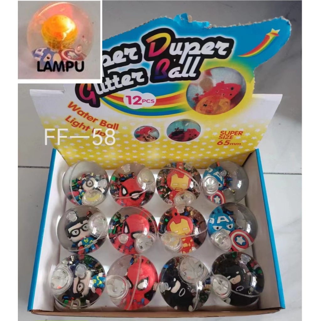 SUPER DUPER GLITTER BALL WATER BALL BOLA BEKEL unik NYALA lampu disko 65MM BOLA karet AIR mainan anak tradisional jadul