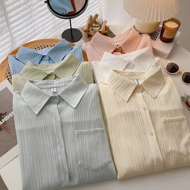 Kemeja Lengan Panjang Wanita Crinkle Shirt Putih Atasan Wanita Terbaru Blouse Import