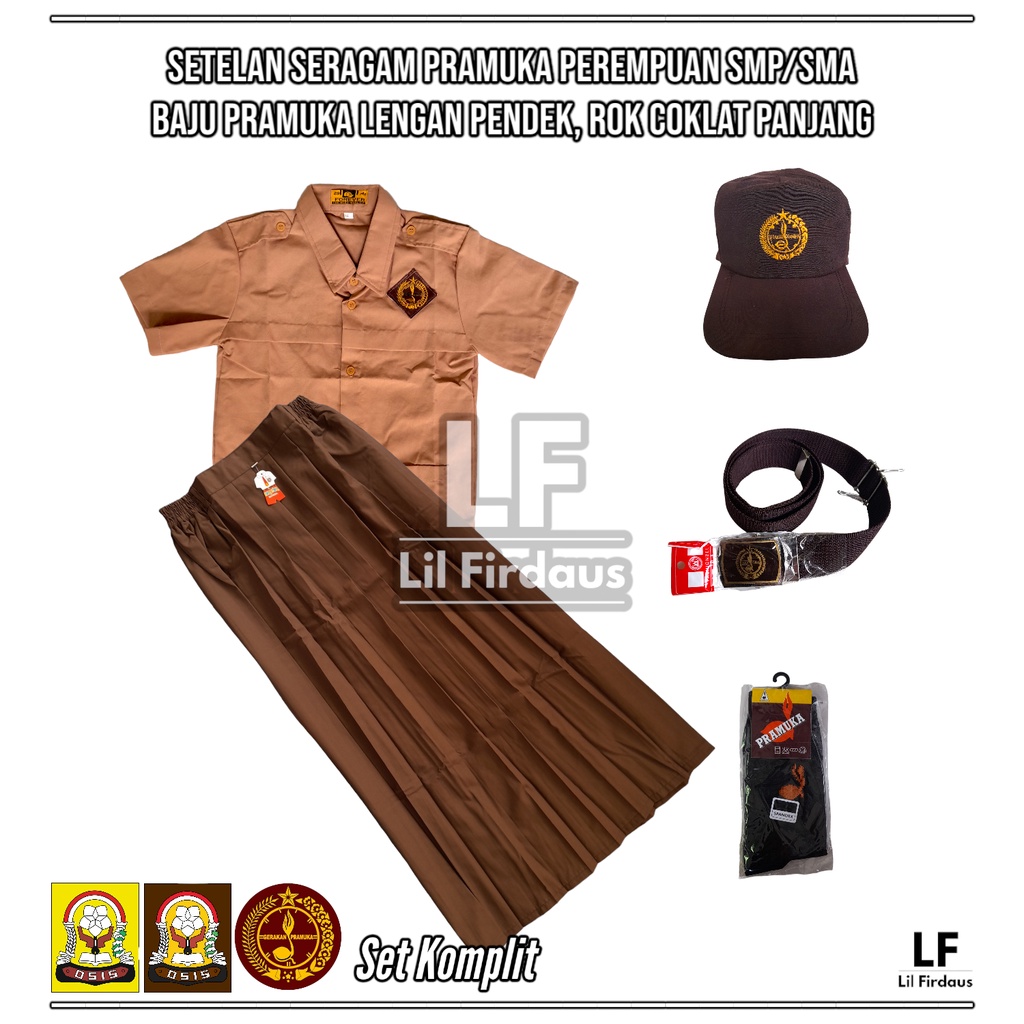 Setelan Seragam Pramuka Perempuan SMP/SMA - Baju Pramuka Lengan Pendek, Rok Coklat Panjang