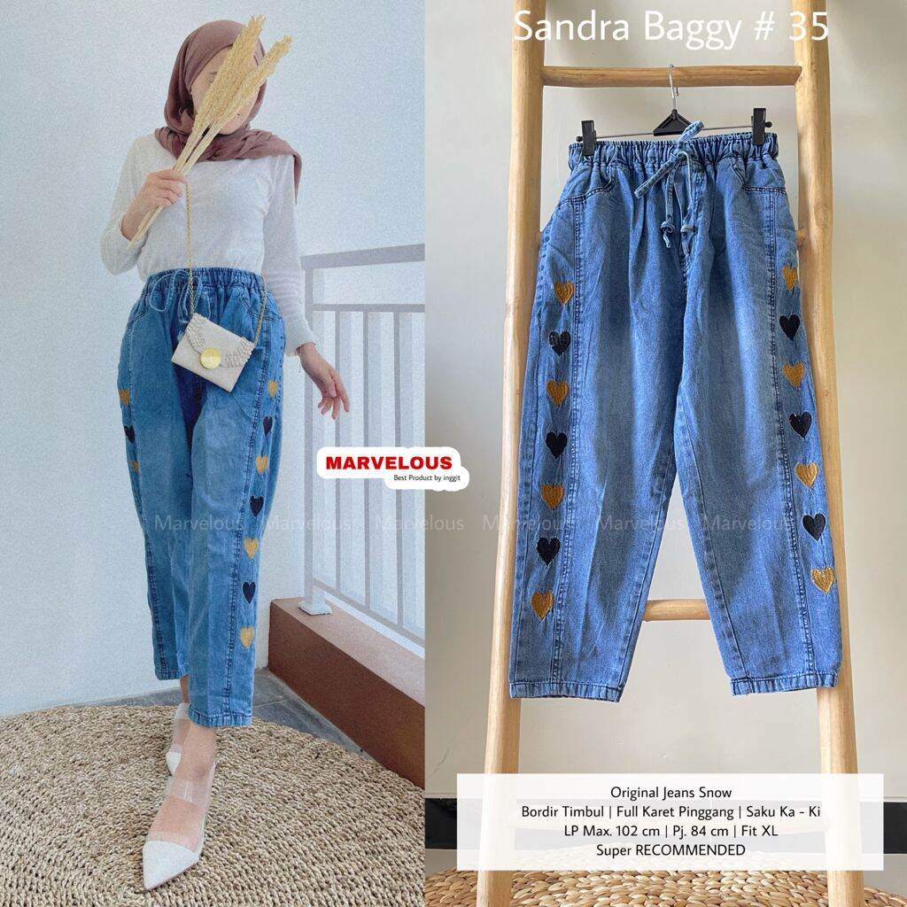 SANDRA BAGGY #35 Celana Jeans Panjang Bordir Love Kombinasi Kuning-Hitam Pinggang Karet Aksen Tulang