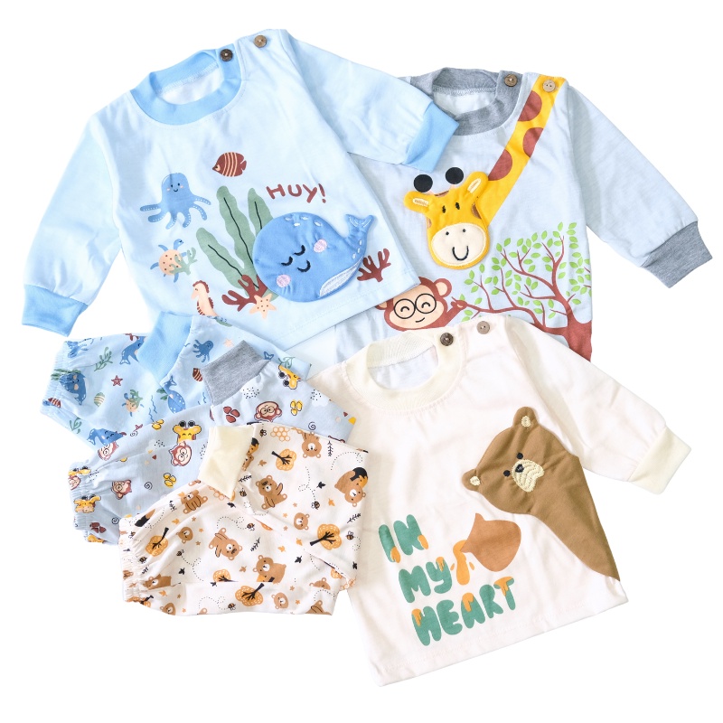 SETELAN PANJANG BAYI/ANAK MOTIF GAMBAR TIMBUL FULL PRINT (SETELAN BAJU PANJANG BABY/KIDS)