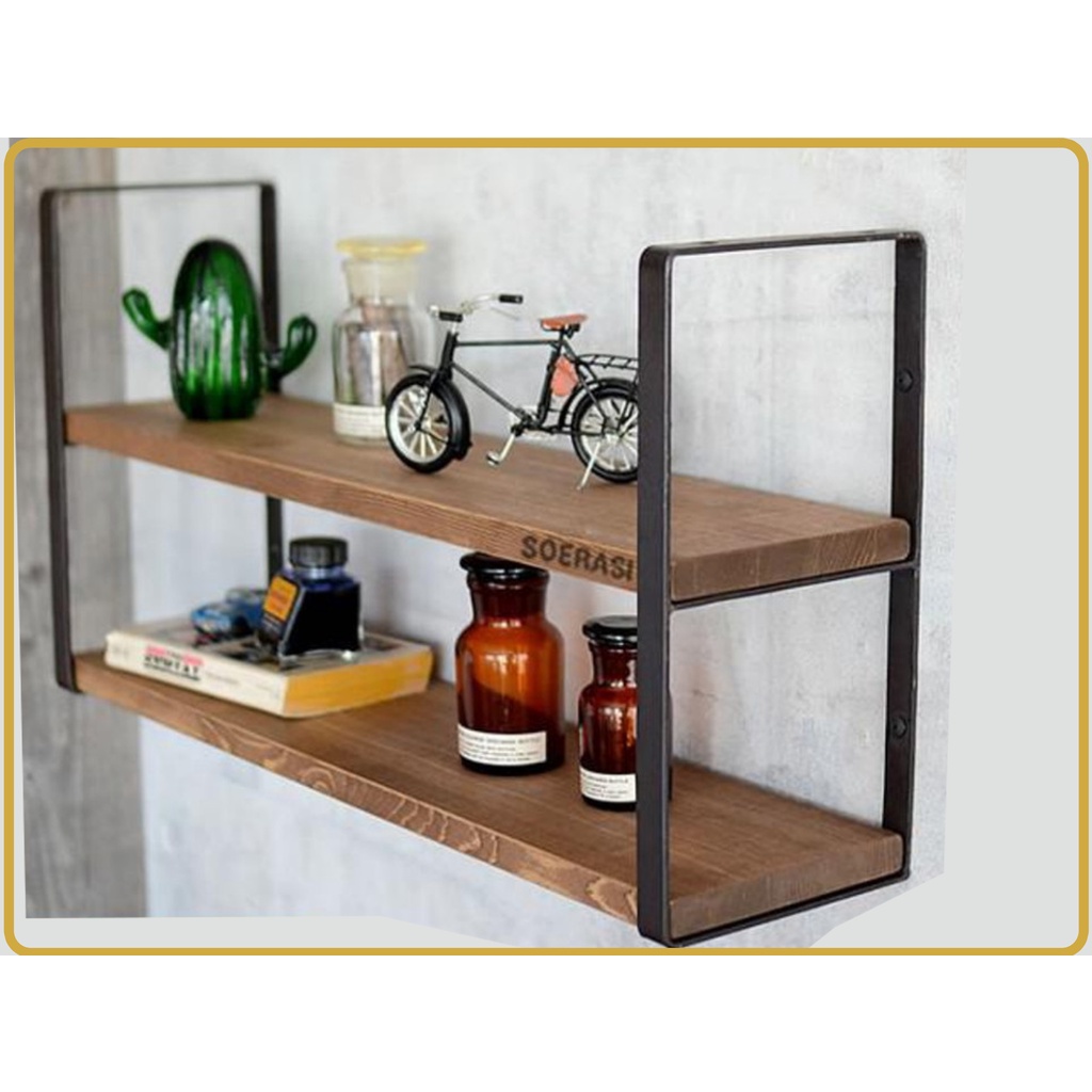 Rak susun Buku sepatu dinding besi dan ambalan kayu multifungsi