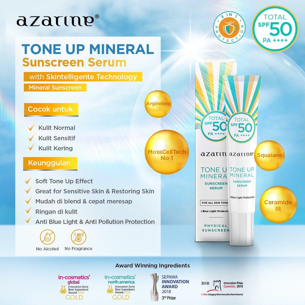 Azarine Tone Up Mineral Sunscreen Serum Sunscreen mencerahkan wajah 27ml