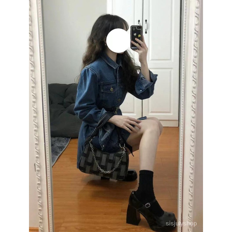 [✅BISA COD] #Sisjuly# Gaun denim vintage 2023 kemeja lengan panjang gaya Hong Kong baru yang meluncu