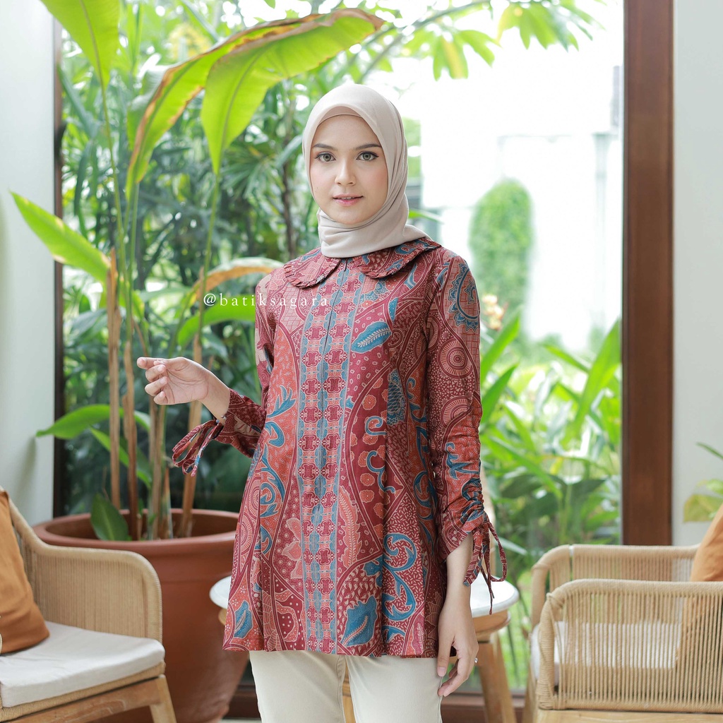 Blouse Batik Arun Red - Batik Sagara - Atasan Wanita - Atasan Batik Wanita - Batik Kerja elegan