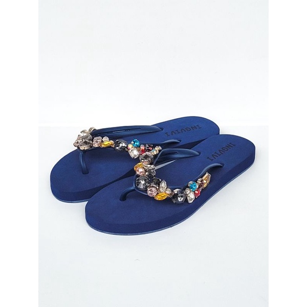 Ingvivi Swarovski Bulat Flat Sandal Jepit Wanita Karet Import Manik Berlian Motek