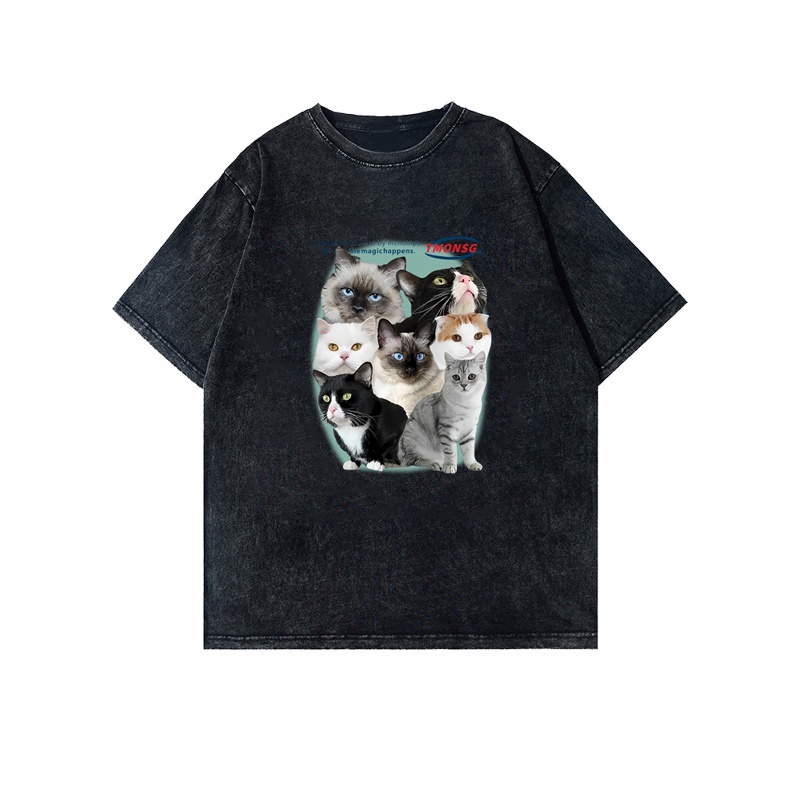 XIAOZHAINV Korean Style Cat Pattern Washed Printing Kaos Wanita A0083