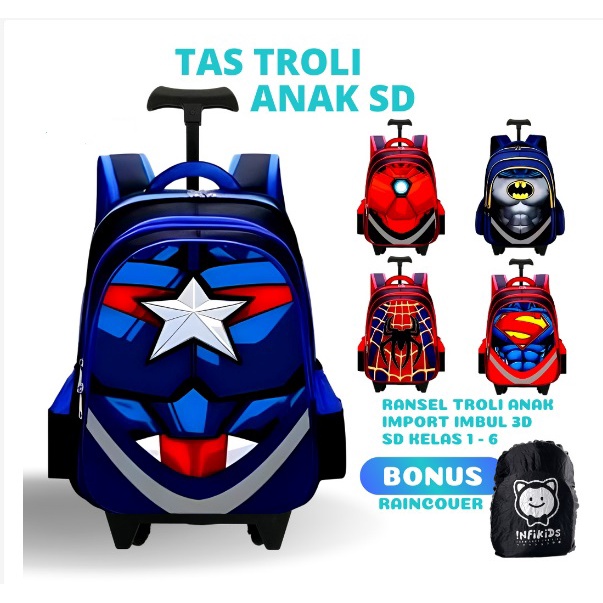 Tas Troley Anak Laki Laki SD Kilap Karakter 2 sleting Captain America, Spiderman Batman Superman Ironman