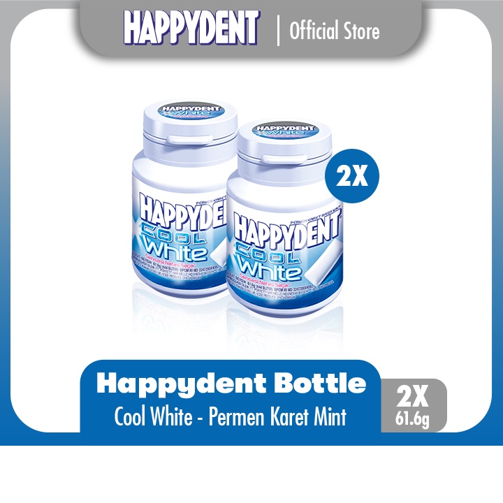 Happydent Cool White Bottle 61.6g - Permen Karet Rasa Mint (2 Bottles)