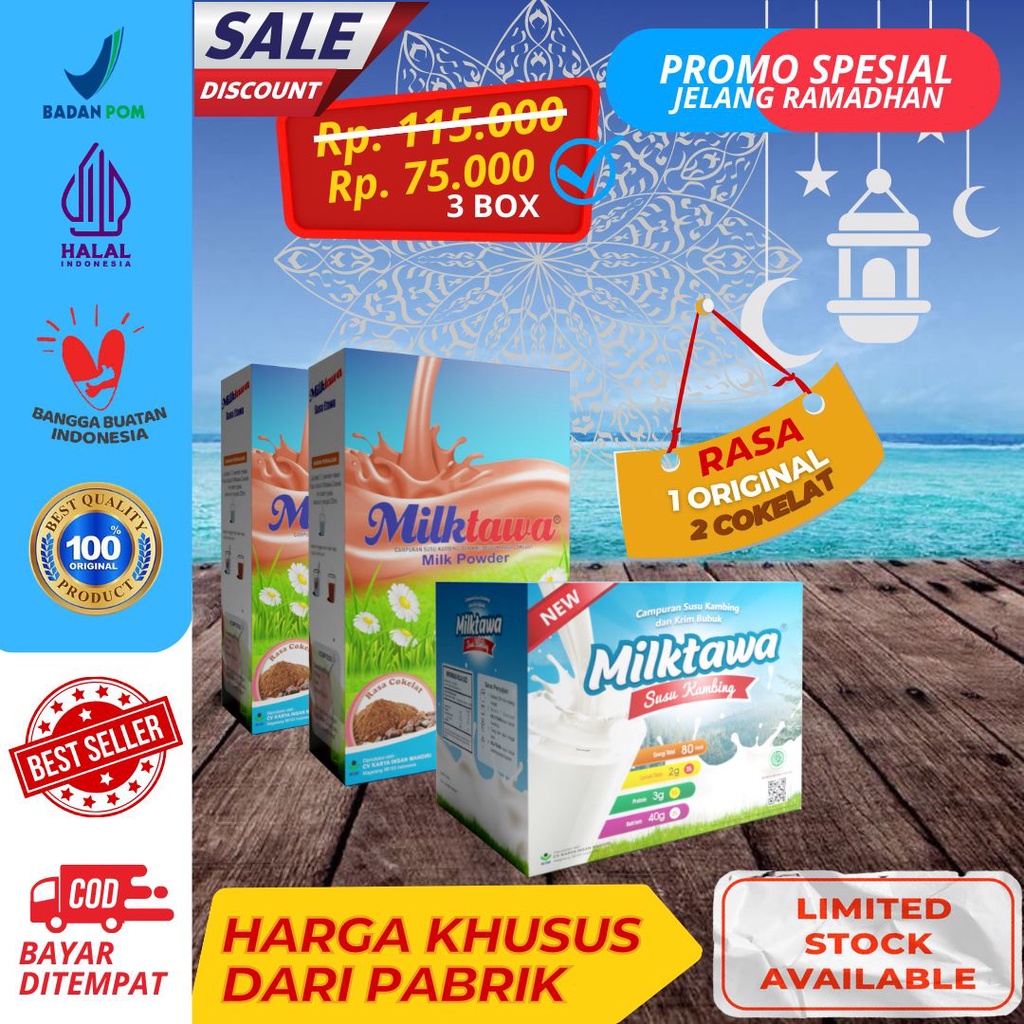 

Paket Hadiah Promo Spesial Ramadhan Susu Kambing Etawa Milktawa Bundling 2 pcs Rasa Cokelat & 1 pcs Rasa Original