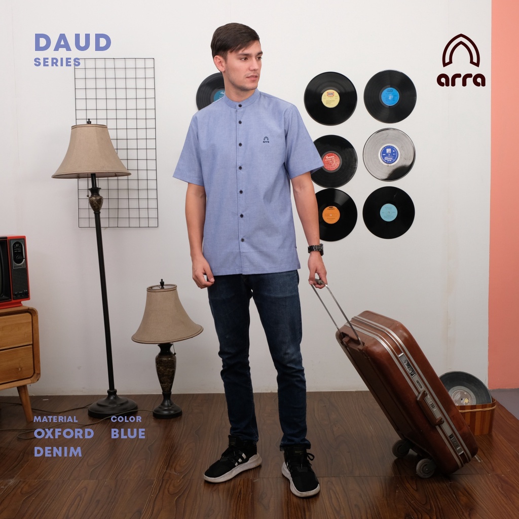 Kemeja Koko Pria Dewasa Daud Lengan Pendek Oxford Denim Premium Original Arra Baju Koko Basic Polos