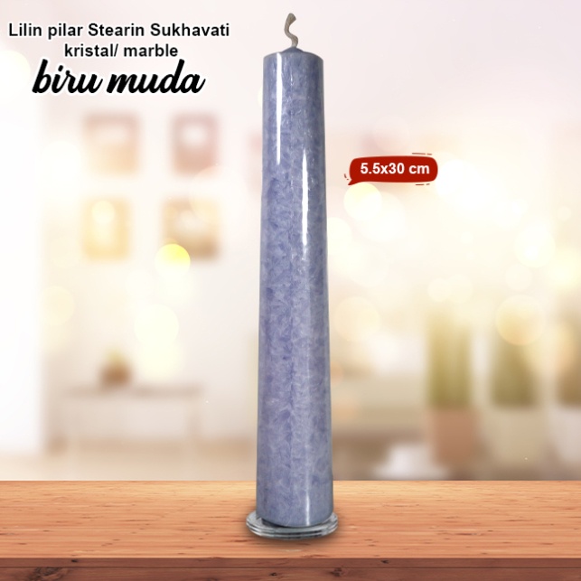 Lilin Biru Muda Stearin Palm Candle Marble Kristal Sukhavati 30 Cm