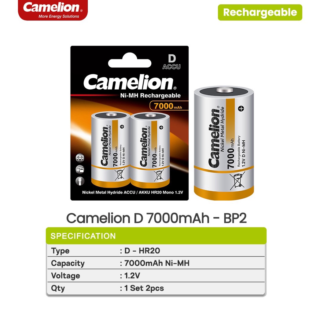 CAMELION BATTERY RECHARGEABLE SIZE D R20 7000mAh BP2