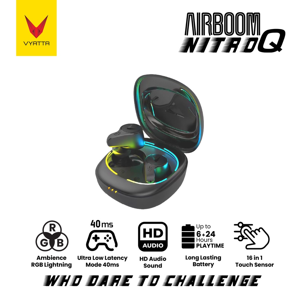 Vyatta Airboom Nitro Q Tws Bluetooth Headset Gaming Mode 40 Ms Rgb Lightning 14 in 1 Touch Sensor