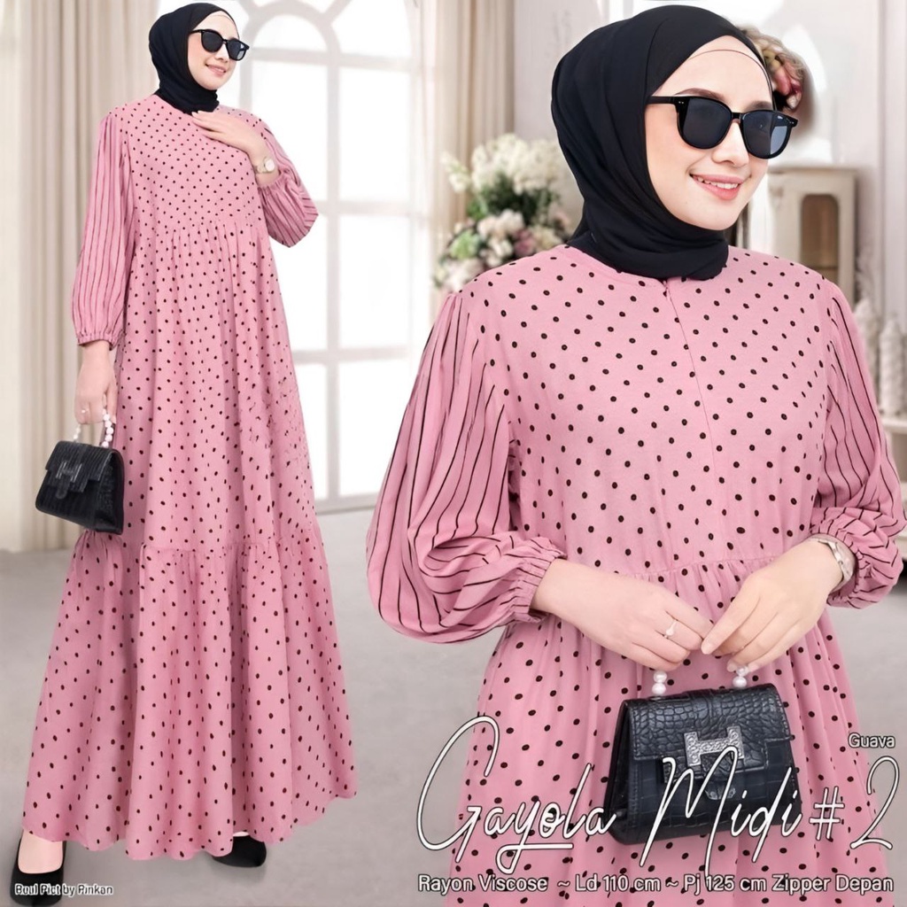 Gayola Midi Dress Wanita Busui Resleting depan Rayon premium