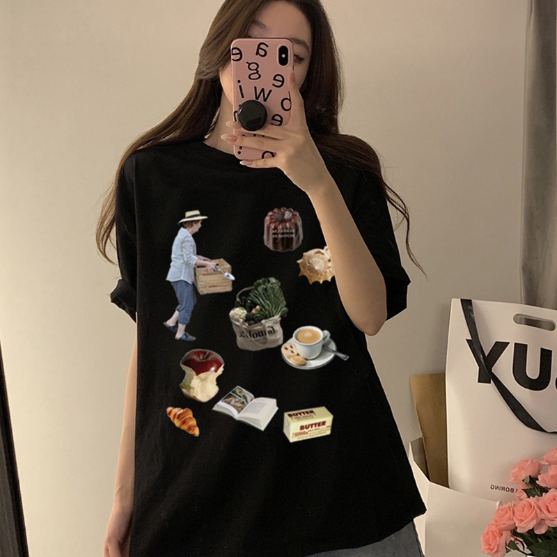 Print T-shirt Kaos Lengan Pendek Cartoon Peasant Life Cube Atasan Wanita Korean Style