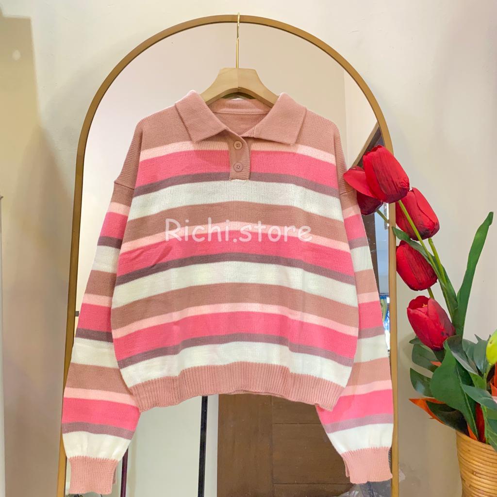 MIKHA POLO BLOUSE RAJUT MOTIF GARIS TERBARU