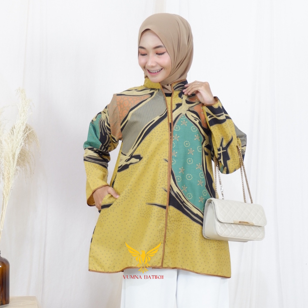 Blouse Batik Modern Wanita Kerja Kantor Kuning Lengan Panjang.