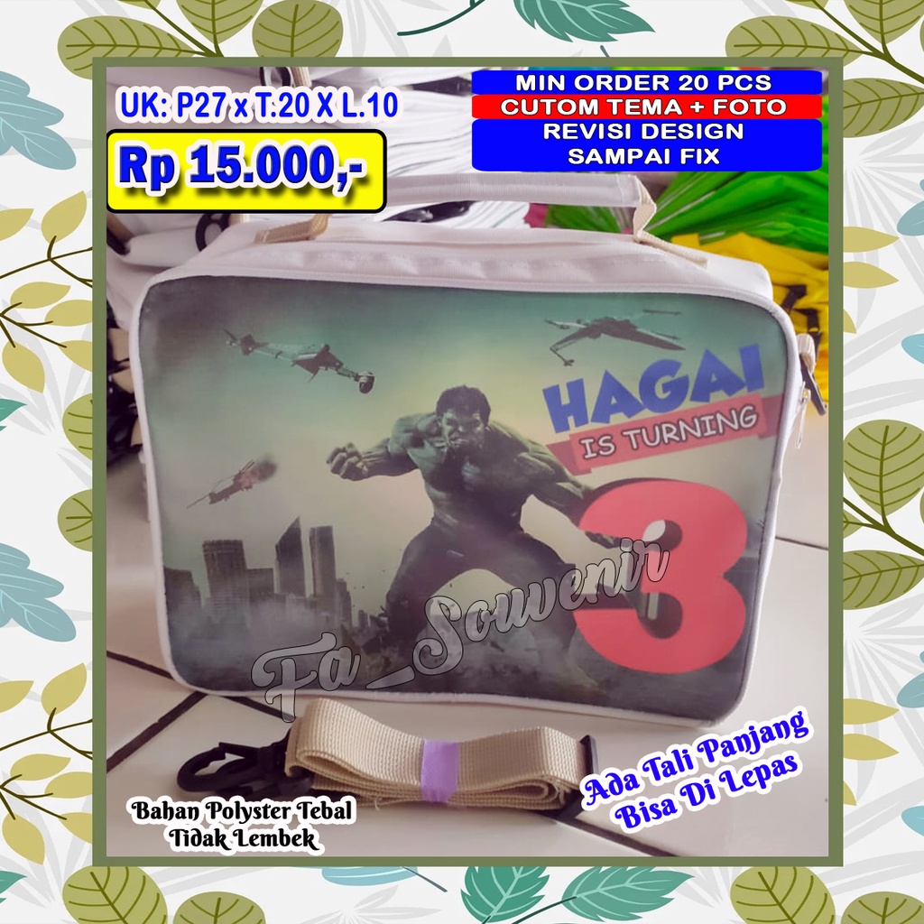

Tas Custom Ulang Tahun Anak Gambar Hulk Bahan D600 + Tali Panjang Printing Oscar Bisa COD